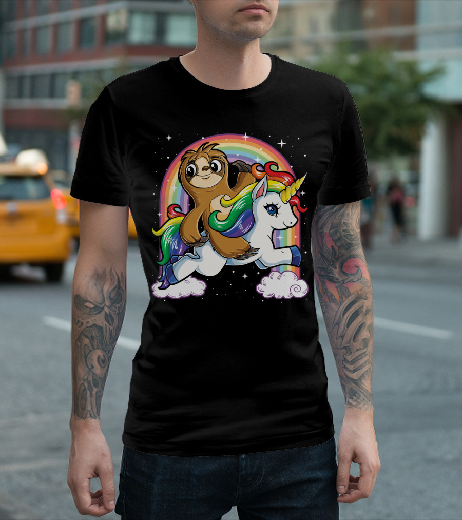 Sloth Riding Unicorn Rainbow Slothicorn Women Kids Fun T-Shirt