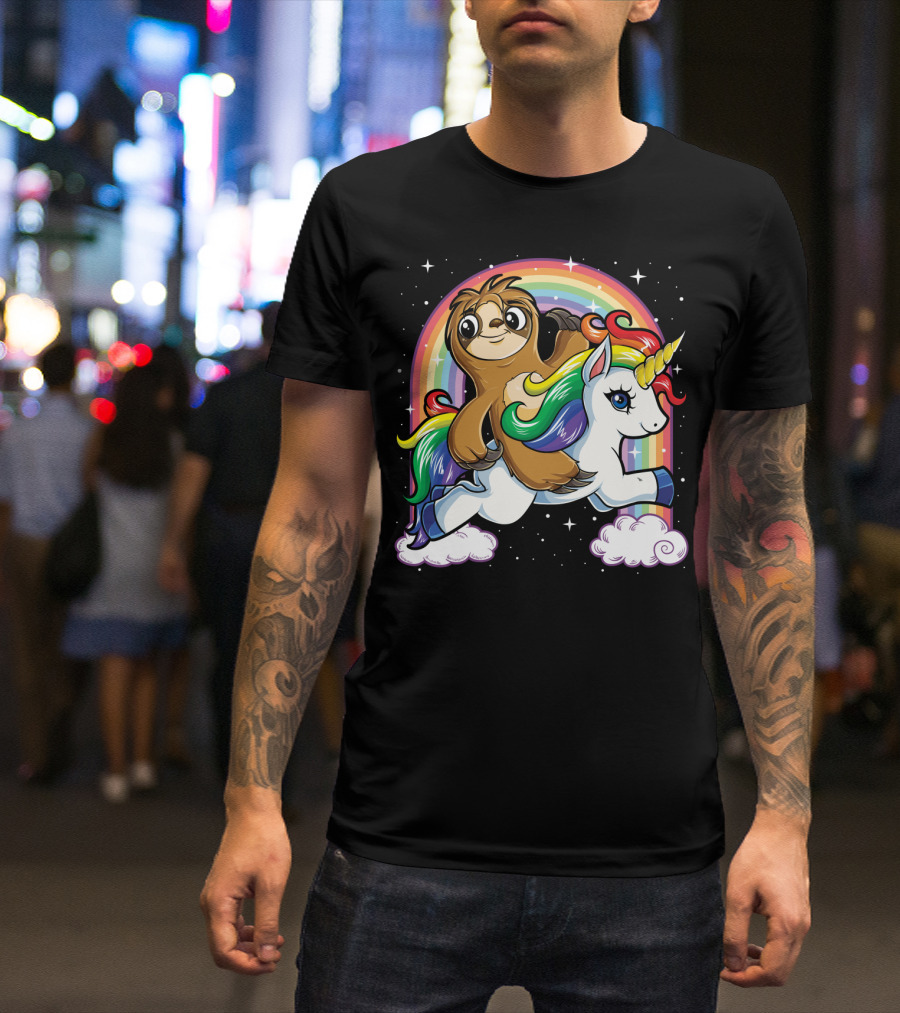 Sloth Riding Unicorn Rainbow Slothicorn Women Kids Fun T-Shirt