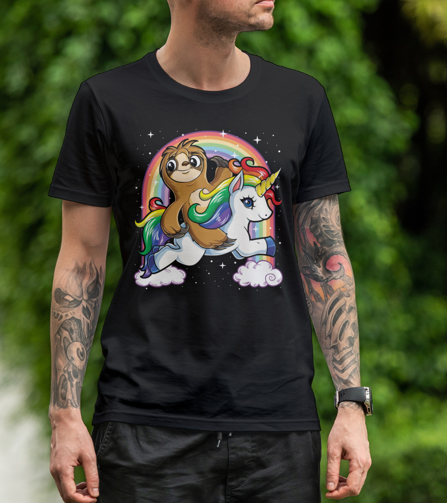 Sloth Riding Unicorn Rainbow Slothicorn Women Kids Fun T-Shirt
