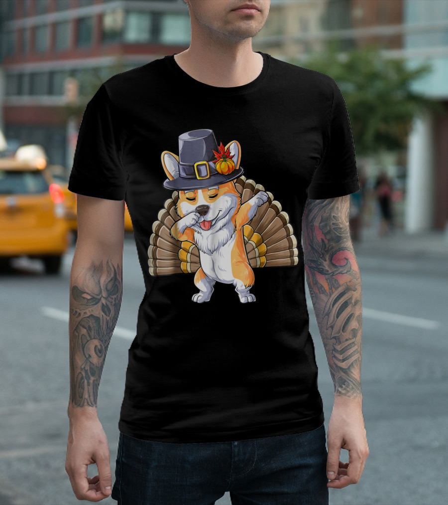 Thanksgiving Pilgrim Corgi Dabbing With Turkey Feathers T-Shirt