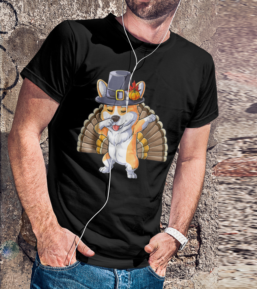 Thanksgiving Pilgrim Corgi Dabbing With Turkey Feathers T-Shirt