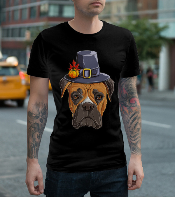 Thanksgiving Boxer Dog Pilgrim Hat Pumpkin Leaf T-Shirt