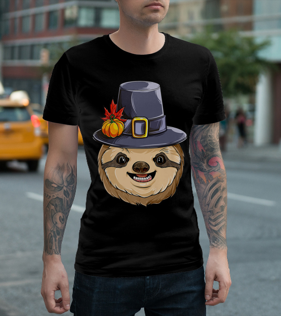 Thanksgiving Sloth with Pilgrim Hat Pumpkin and Autumn Leaves T-Shirt