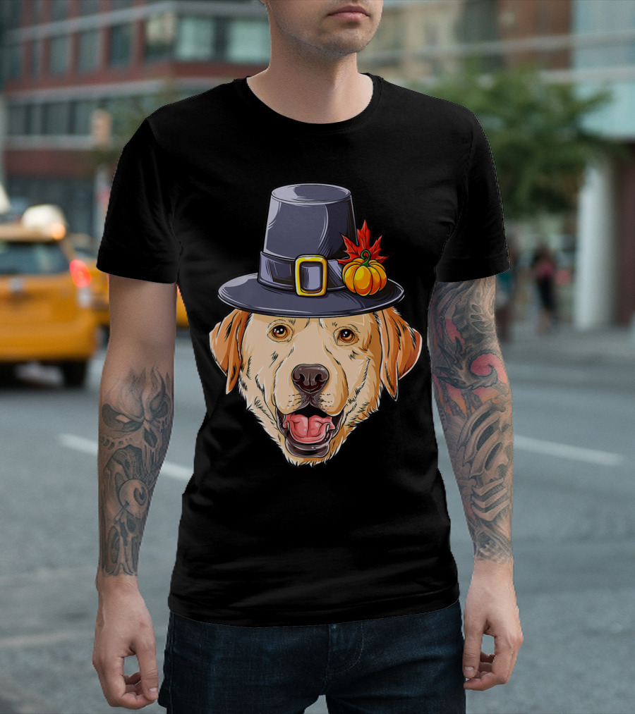 Thanksgiving Dog In Pilgrim Hat With Pumpkin And Leaf T-Shirt