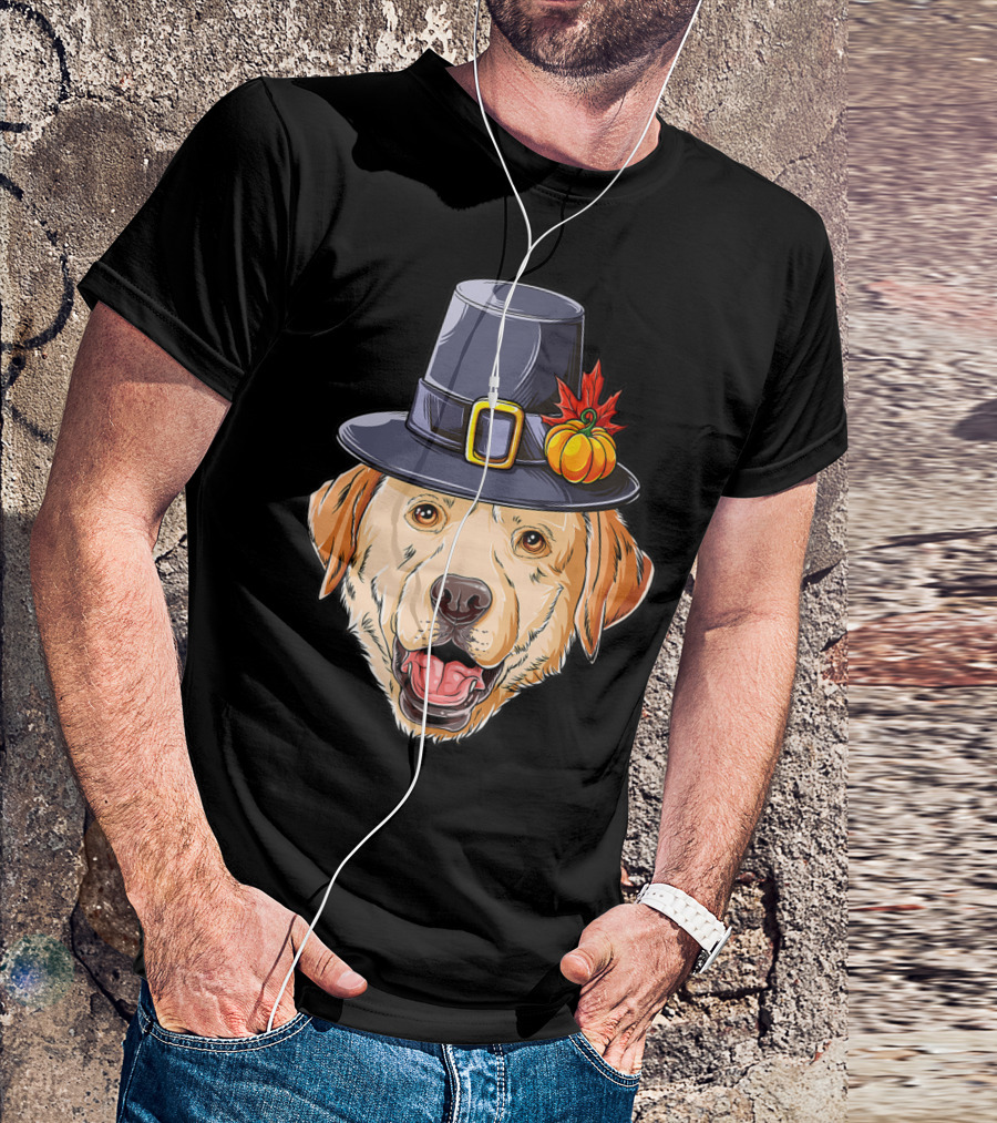 Thanksgiving Dog In Pilgrim Hat With Pumpkin And Leaf T-Shirt