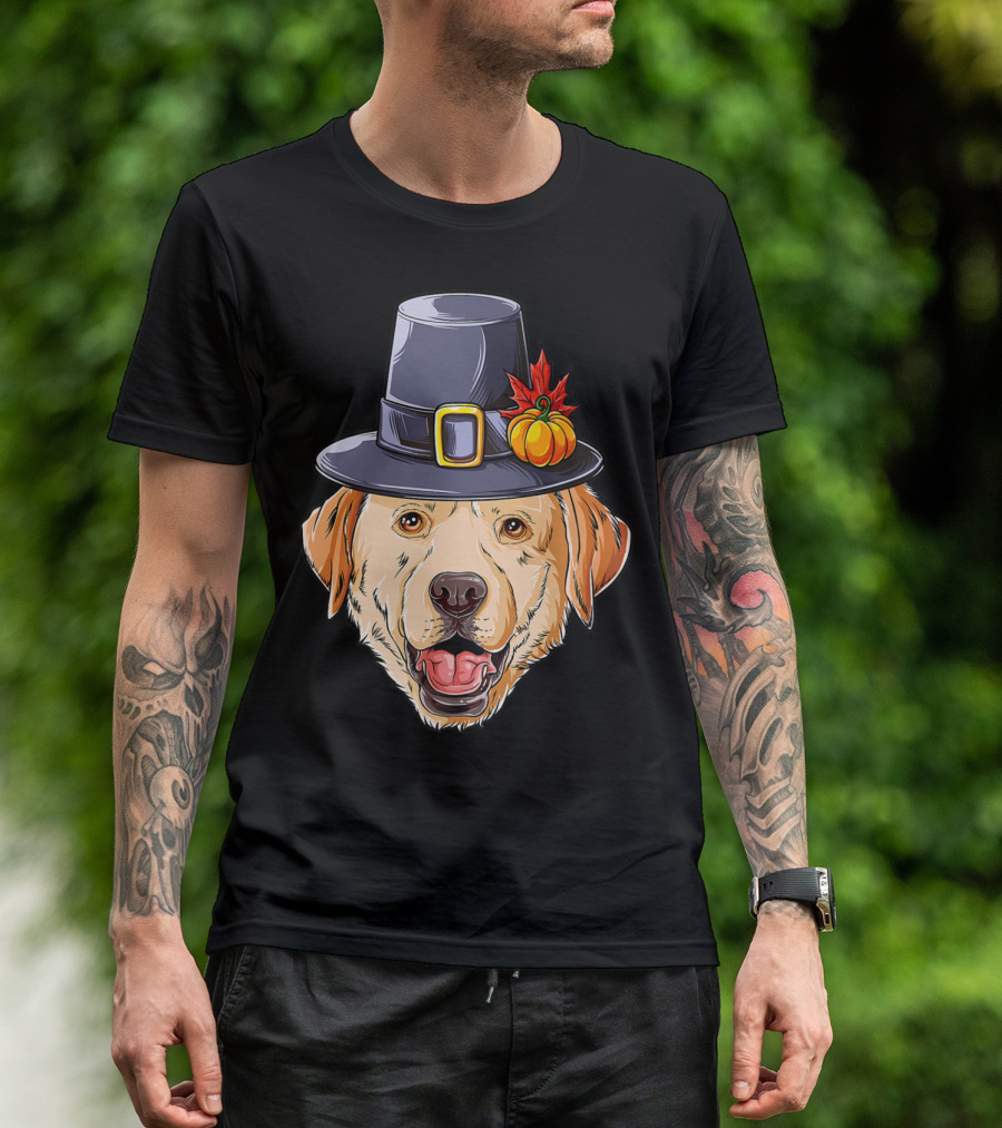 Thanksgiving Dog In Pilgrim Hat With Pumpkin And Leaf T-Shirt
