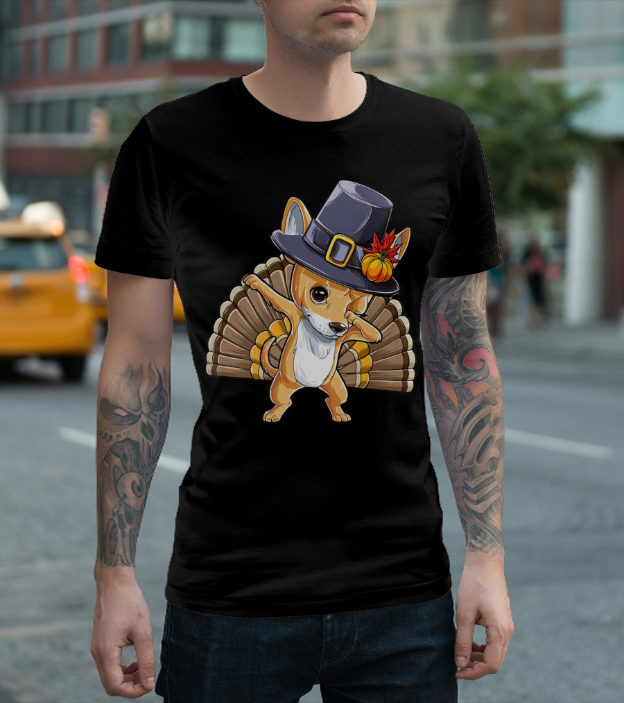 Thanksgiving Dabbing Chihuahua Pilgrim Hat Turkey Feathers T-Shirt