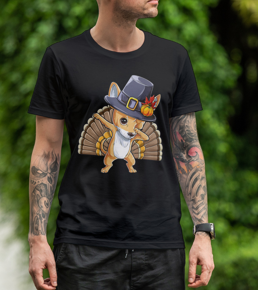 Thanksgiving Dabbing Chihuahua Pilgrim Hat Turkey Feathers T-Shirt