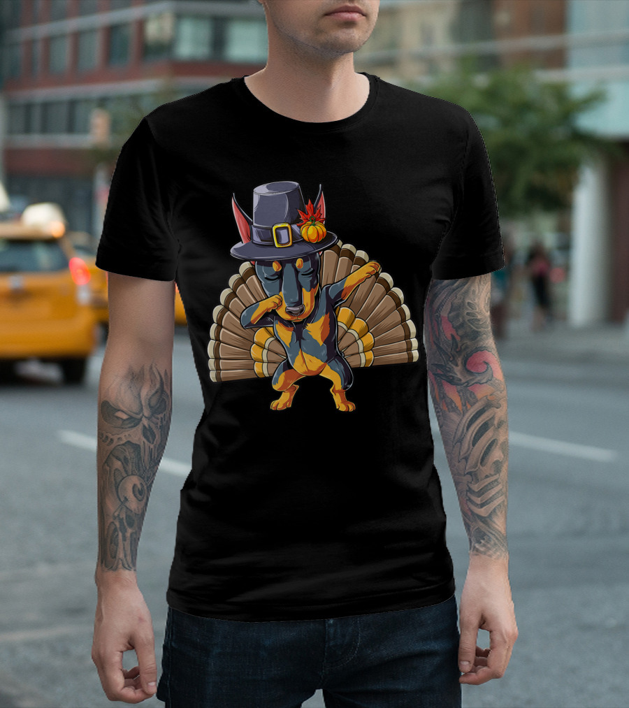 Thanksgiving Dabbing Doberman Pilgrim Hat Turkey Feather Background T-Shirt