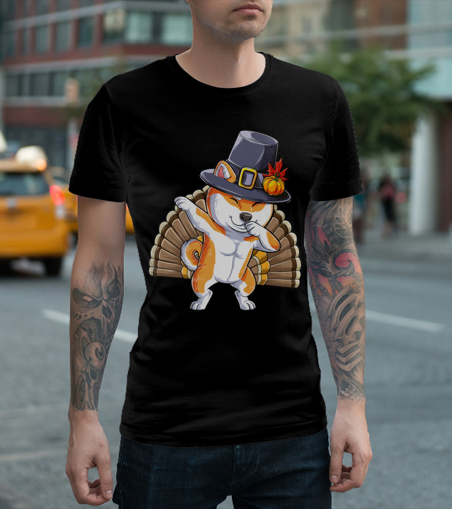 Thanksgiving Dabbing Shiba Inu Pilgrim Hat Turkey Background T-Shirt
