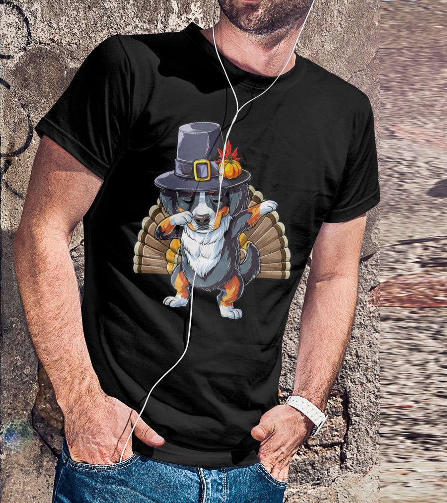 Thanksgiving Dabbing Bernese With Pilgrim Hat And Turkey Tail T-Shirt