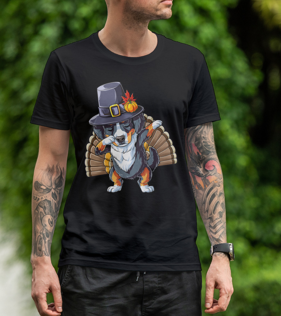 Thanksgiving Dabbing Bernese With Pilgrim Hat And Turkey Tail T-Shirt