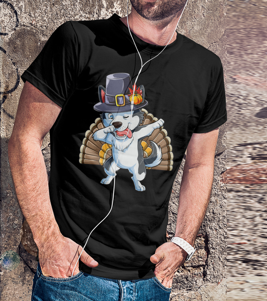 Thanksgiving Kids Dabbing Siberian Husky With Pilgrim Hat And Turkey Tail T-Shirt