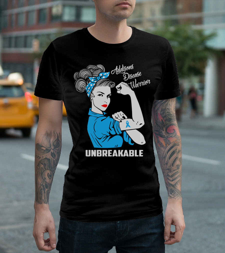 Addisons Disease Warrior Unbreakable Awareness Woman with Ribbon T-Shirt