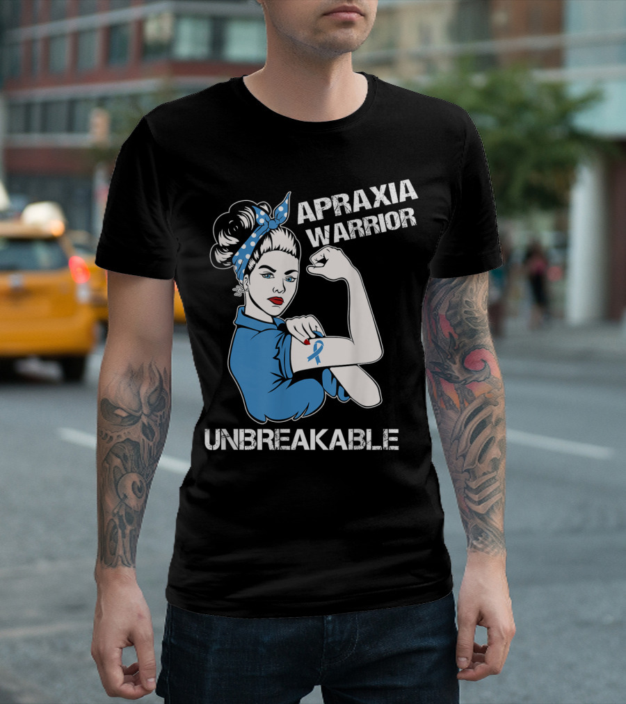 Apraxia Warrior Unbreakable Rosie Riveter Blue Awareness T-Shirt