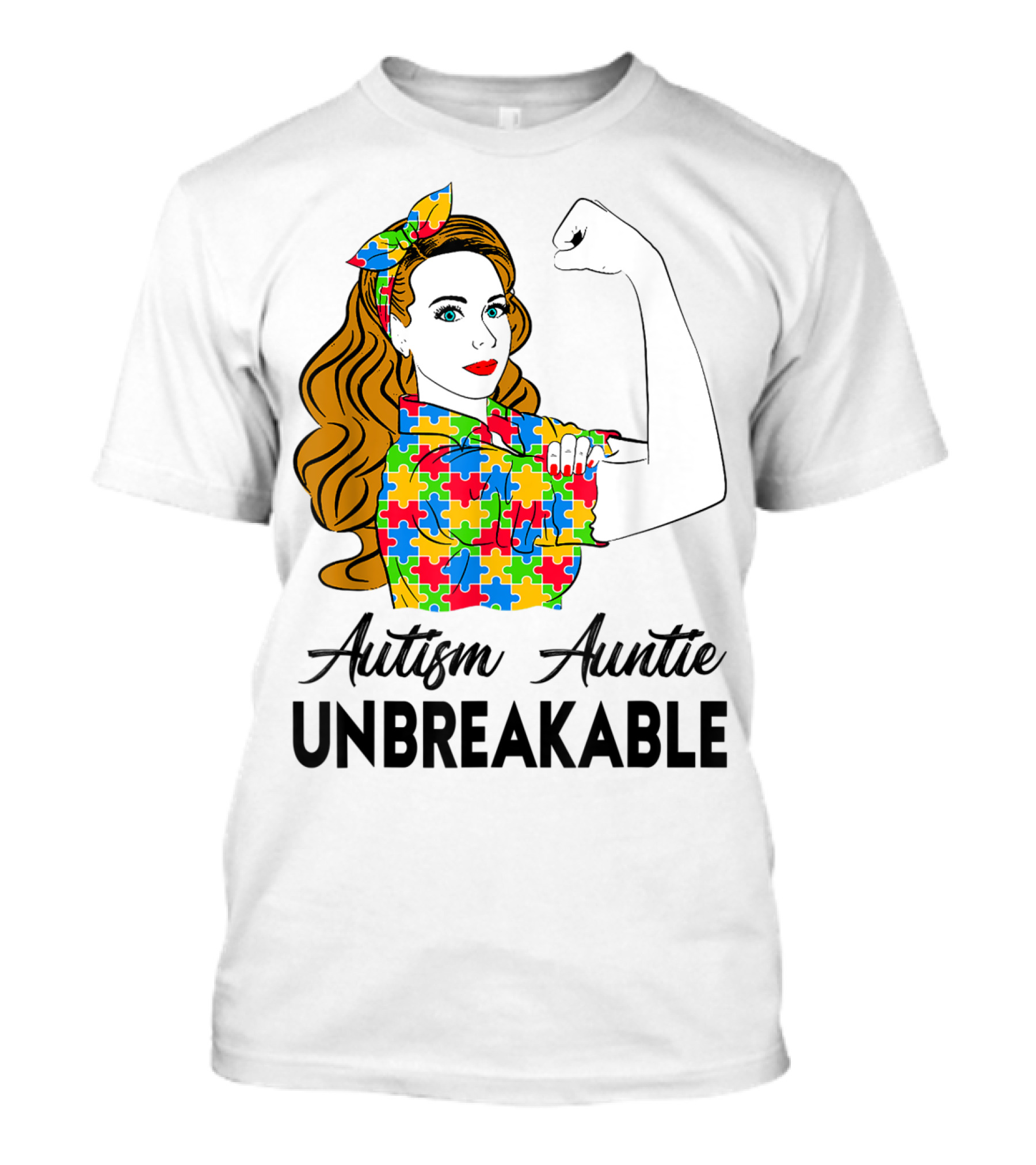 Unbreakable Auntie Autism Awareness Puzzle Colors Rosie The Riveter T-Shirt
