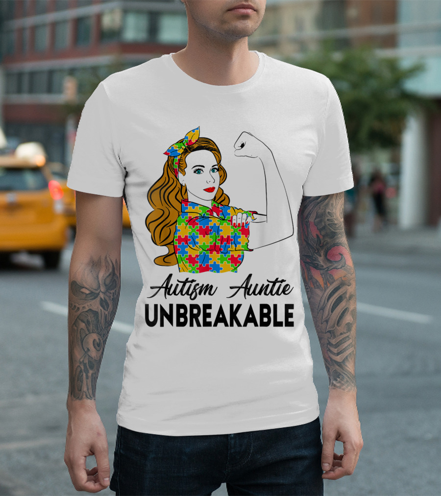 Unbreakable Auntie Autism Awareness Puzzle Colors Rosie the Riveter T-Shirt