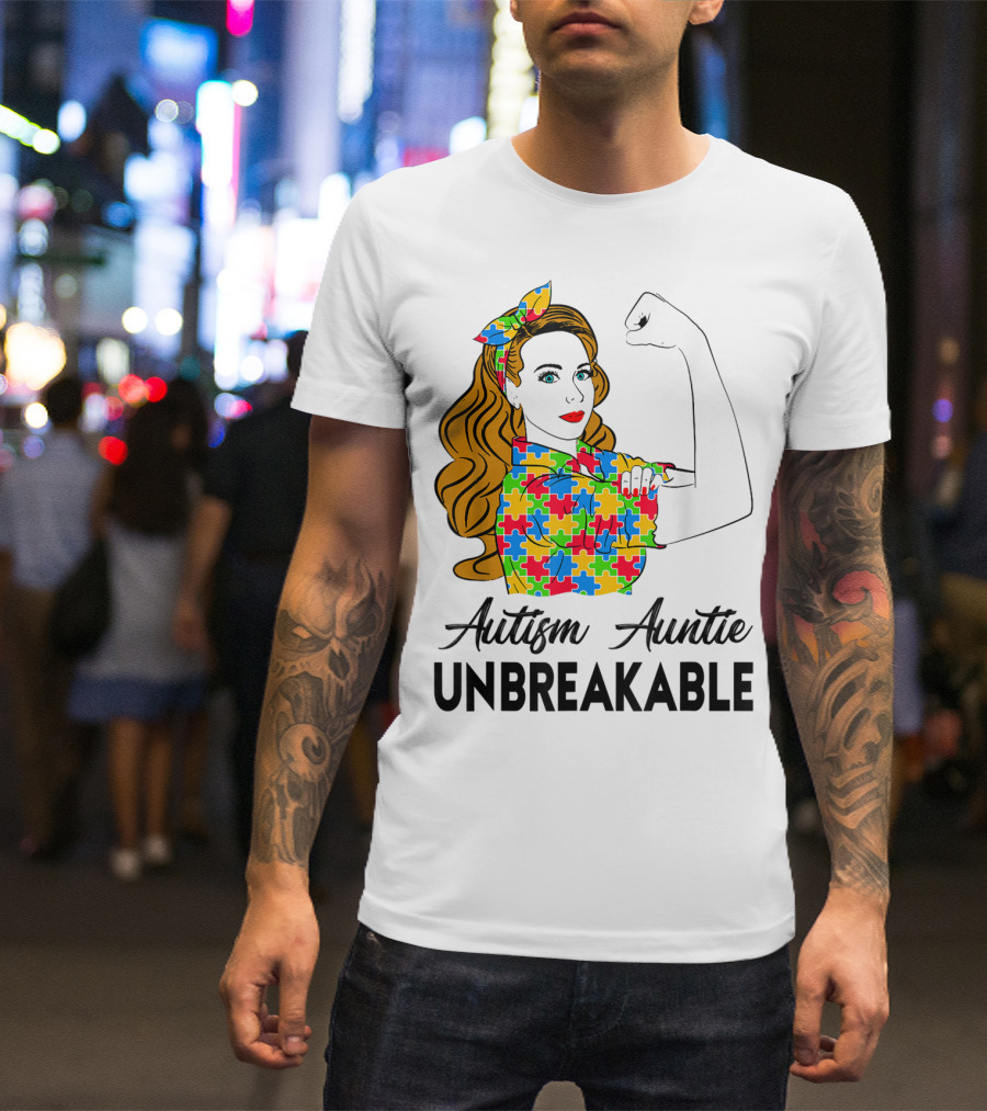 Unbreakable Auntie Autism Awareness Puzzle Colors Rosie The Riveter T-Shirt