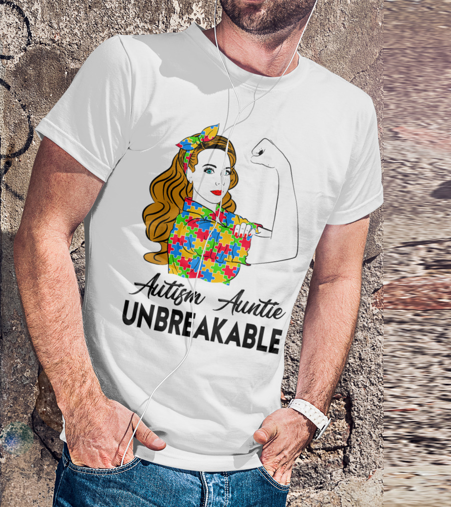 Unbreakable Auntie Autism Awareness Puzzle Colors Rosie The Riveter T-Shirt