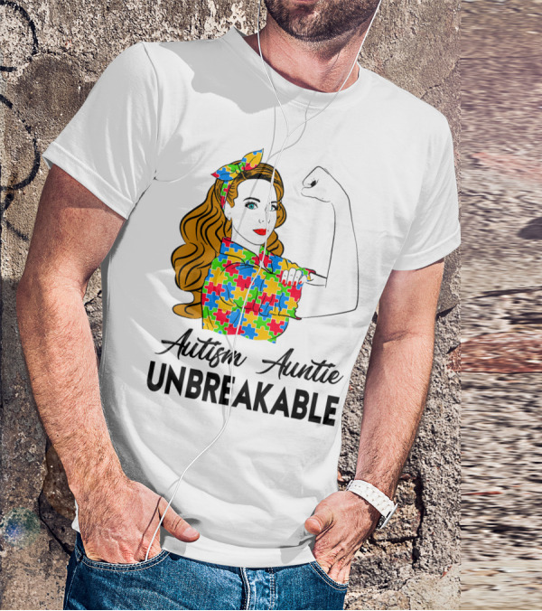Unbreakable Auntie Autism Awareness Puzzle Colors Rosie The Riveter T-Shirt