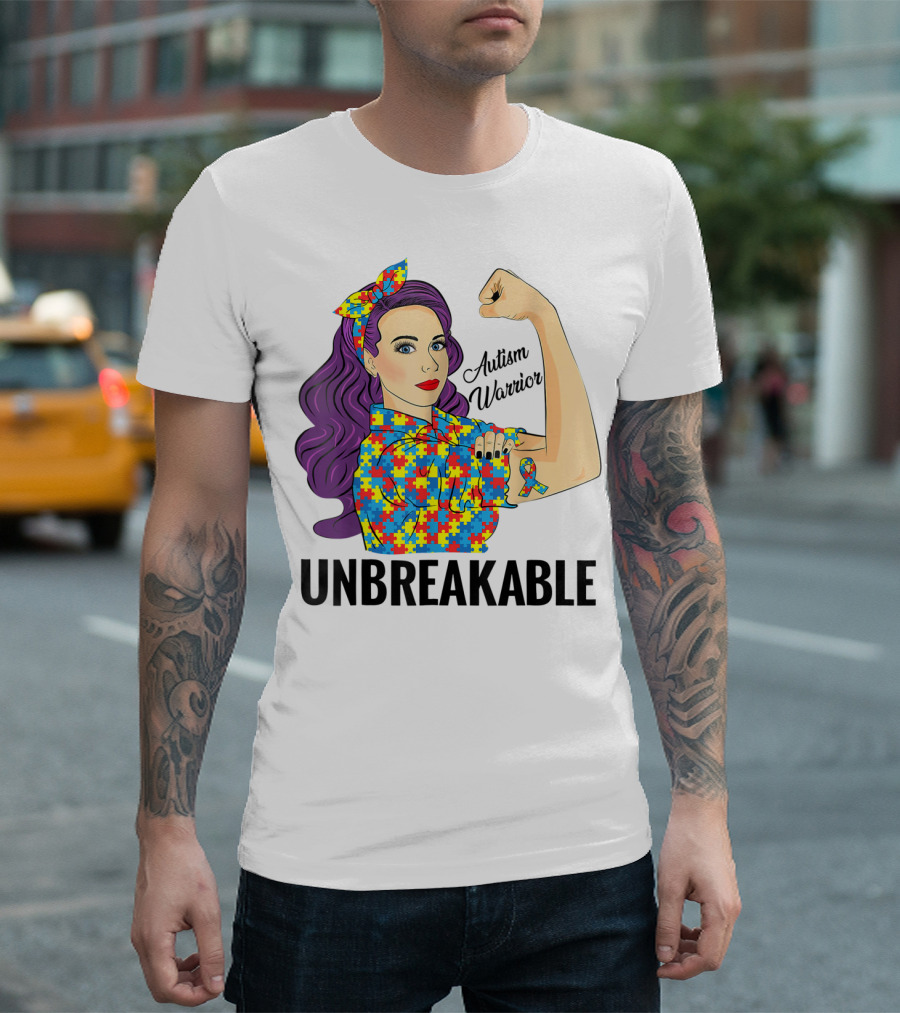 Autism Awareness Warrior Unbreakable Puzzle Ribbon Rosie the Riveter T-Shirt