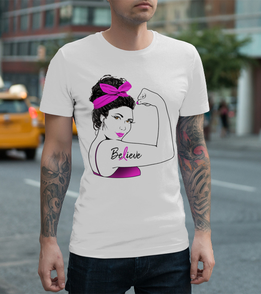 Breast Cancer Believe Unbreakable Rosie Pink Ribbon Power T-Shirt