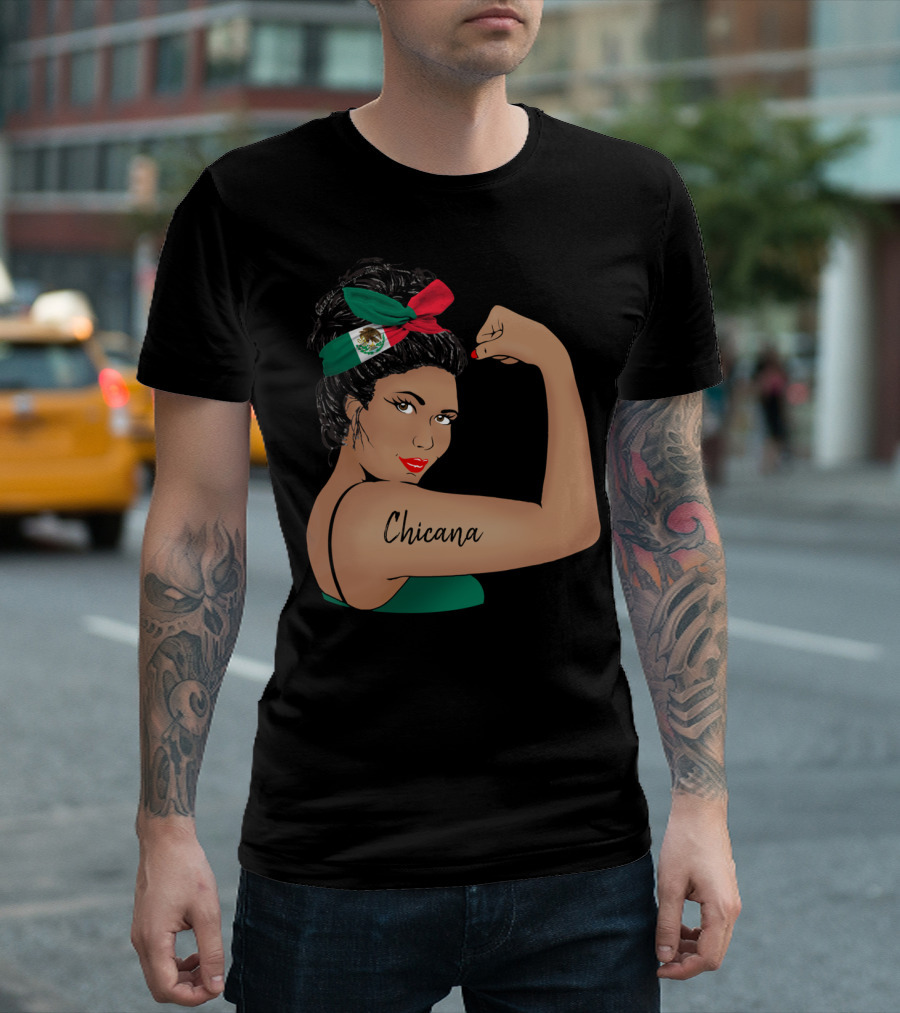Chicana Girl Flexing With Mexican Flag Hair Wrap Unbreakable Strong T-Shirt