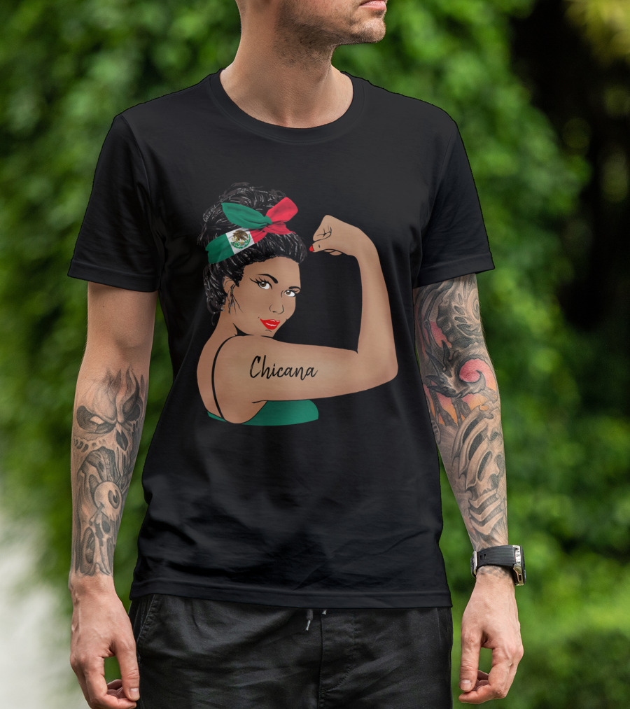 Chicana Girl Flexing With Mexican Flag Hair Wrap Unbreakable Strong T-Shirt