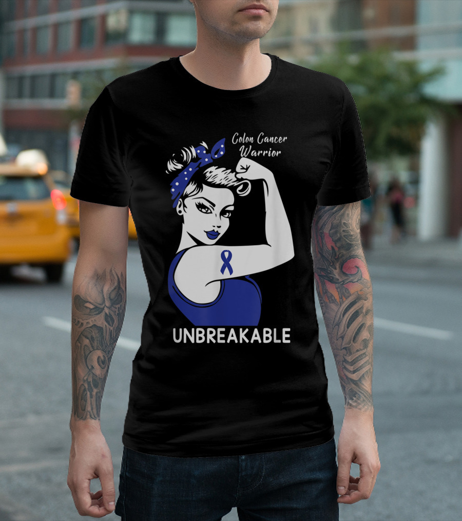 Colon Cancer Warrior Unbreakable Strength Ribbon Rosie The Riveter Inspired T-Shirt