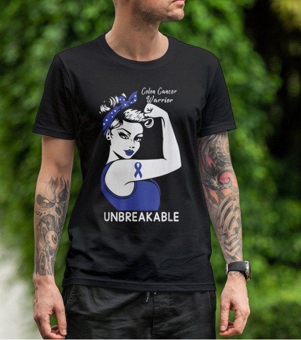 Colon Cancer Warrior Unbreakable Strength Ribbon Rosie The Riveter Inspired T-Shirt