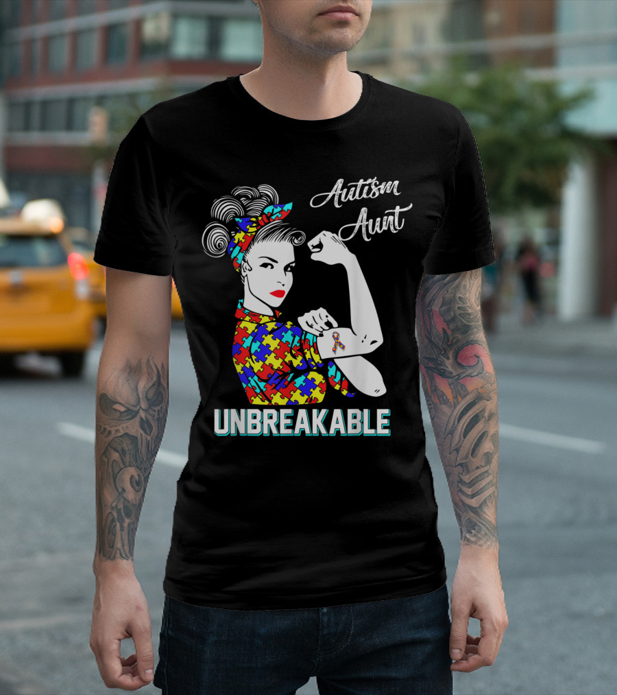 Autism Aunt Unbreakable Rosie the Riveter Puzzle Ribbon Awareness T-Shirt