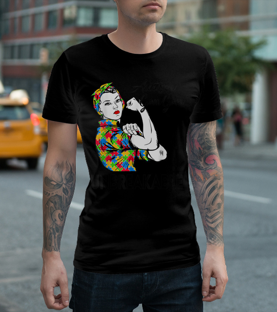 Autism Gam Gam Unbreakable Autism Awareness Puzzle Piece Rosie Flexing T-Shirt