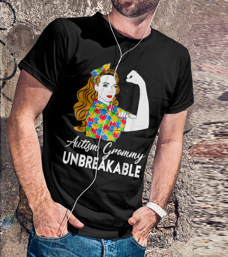 Autism Grammy Unbreakable Rosie Riveter Puzzle Piece Awareness T-Shirt