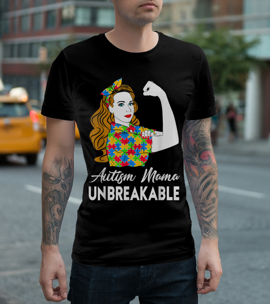 Autism Mama Unbreakable Puzzle Piece Icon Rosie The Riveter T-Shirt