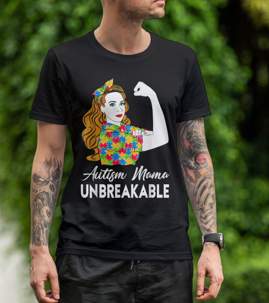 Autism Mama Unbreakable Puzzle Piece Icon Rosie The Riveter T-Shirt