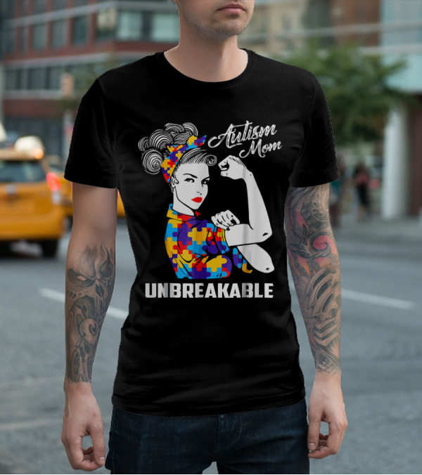 Autism Mom Unbreakable Autism Awareness Rosie The Riveter Puzzle T-Shirt