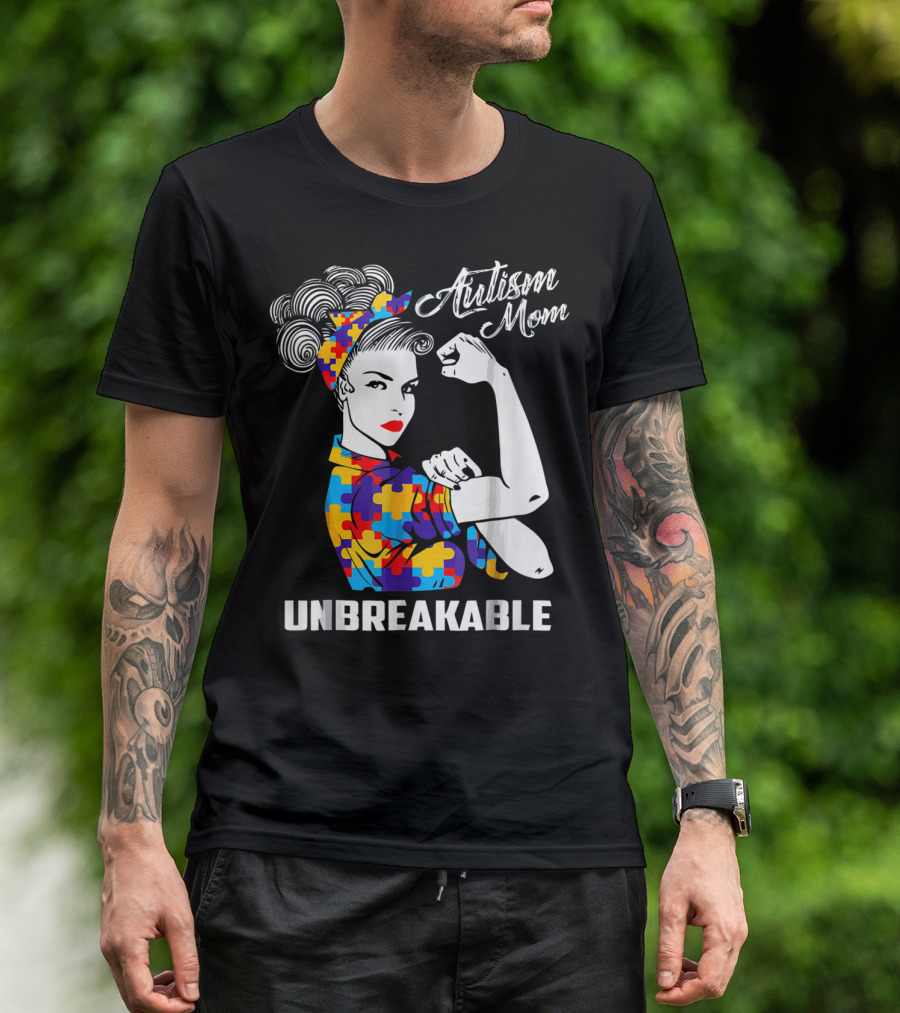 Autism Mom Unbreakable Autism Awareness Rosie The Riveter Puzzle T-Shirt