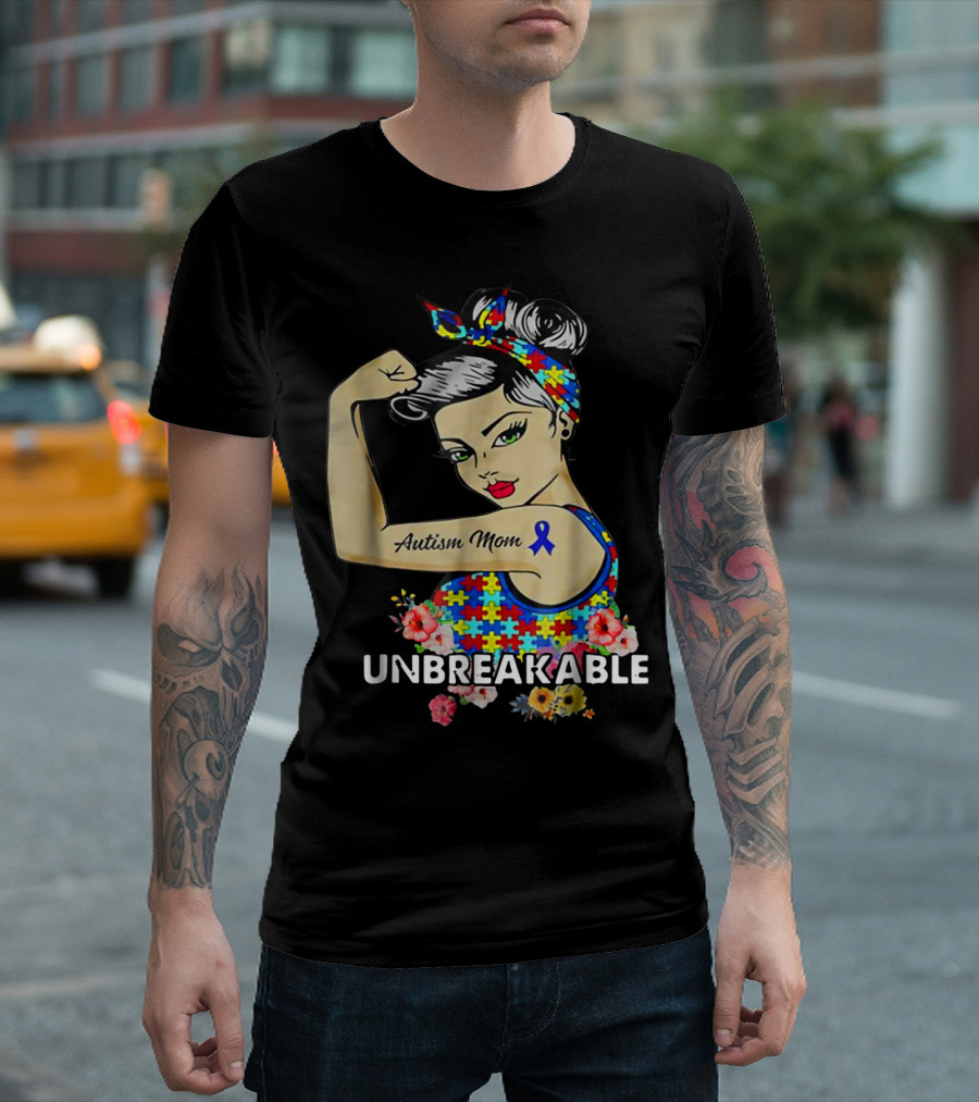 Unbreakable Autism Mom Awareness Month Puzzle Ribbon Flowers T-Shirt