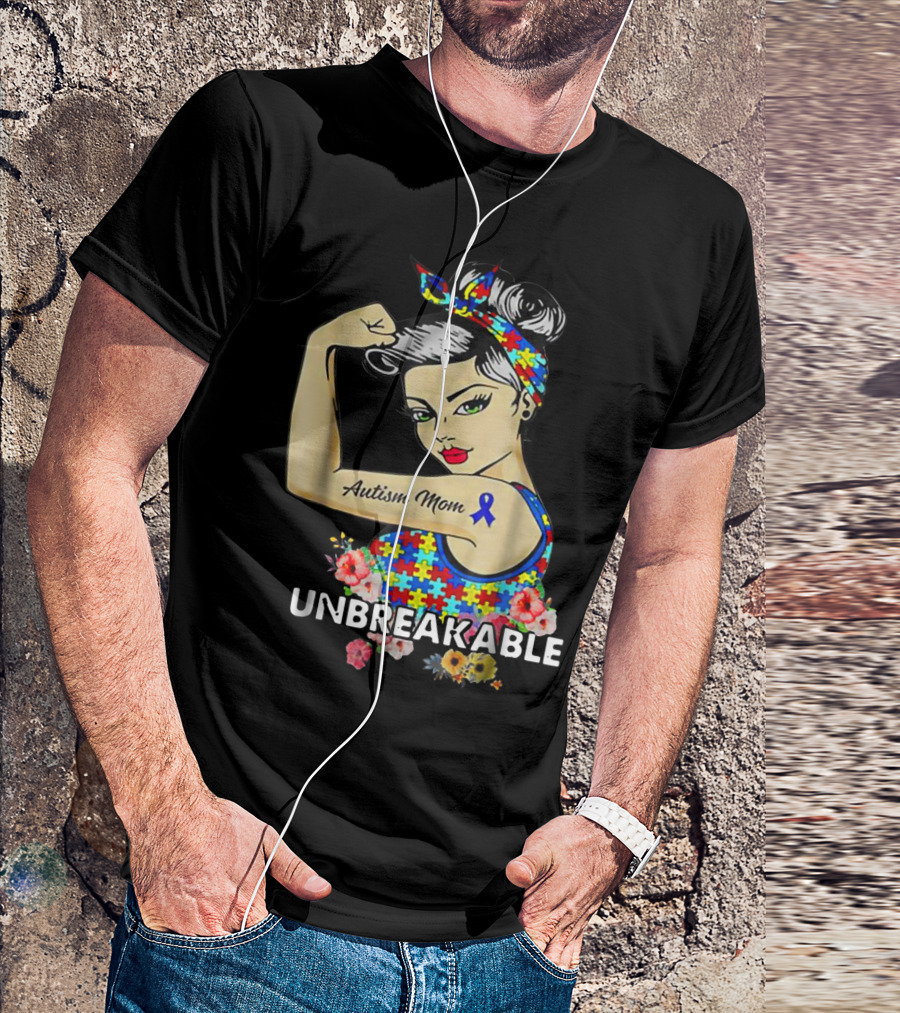 Unbreakable Autism Mom Awareness Month Puzzle Ribbon Flowers T-Shirt