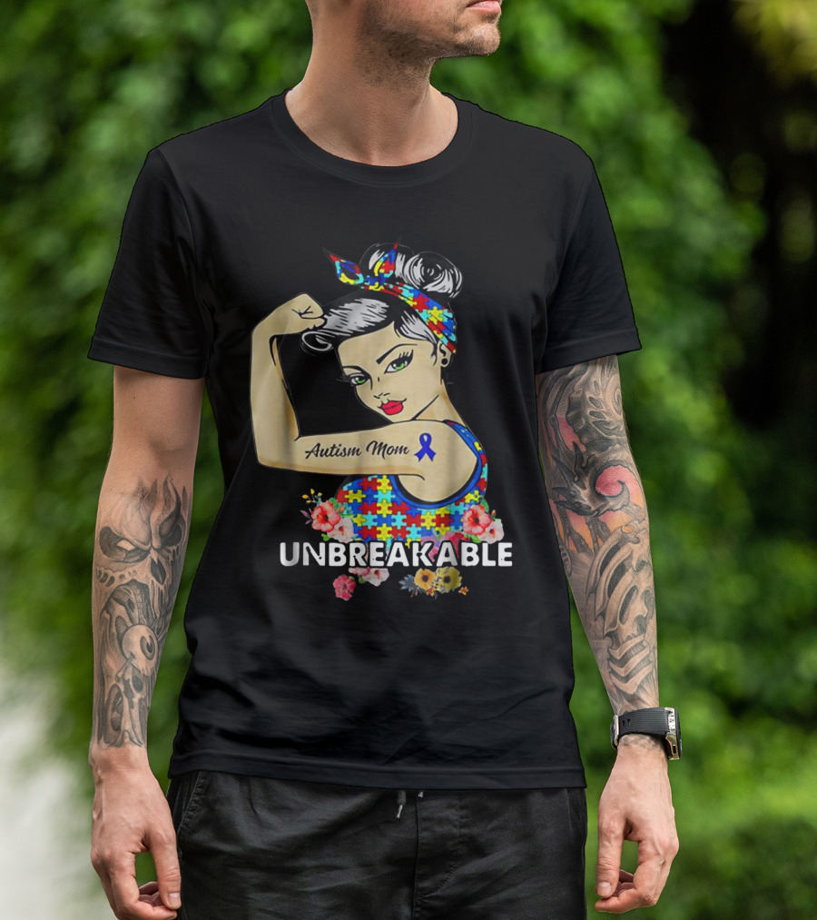 Unbreakable Autism Mom Awareness Month Puzzle Ribbon Flowers T-Shirt