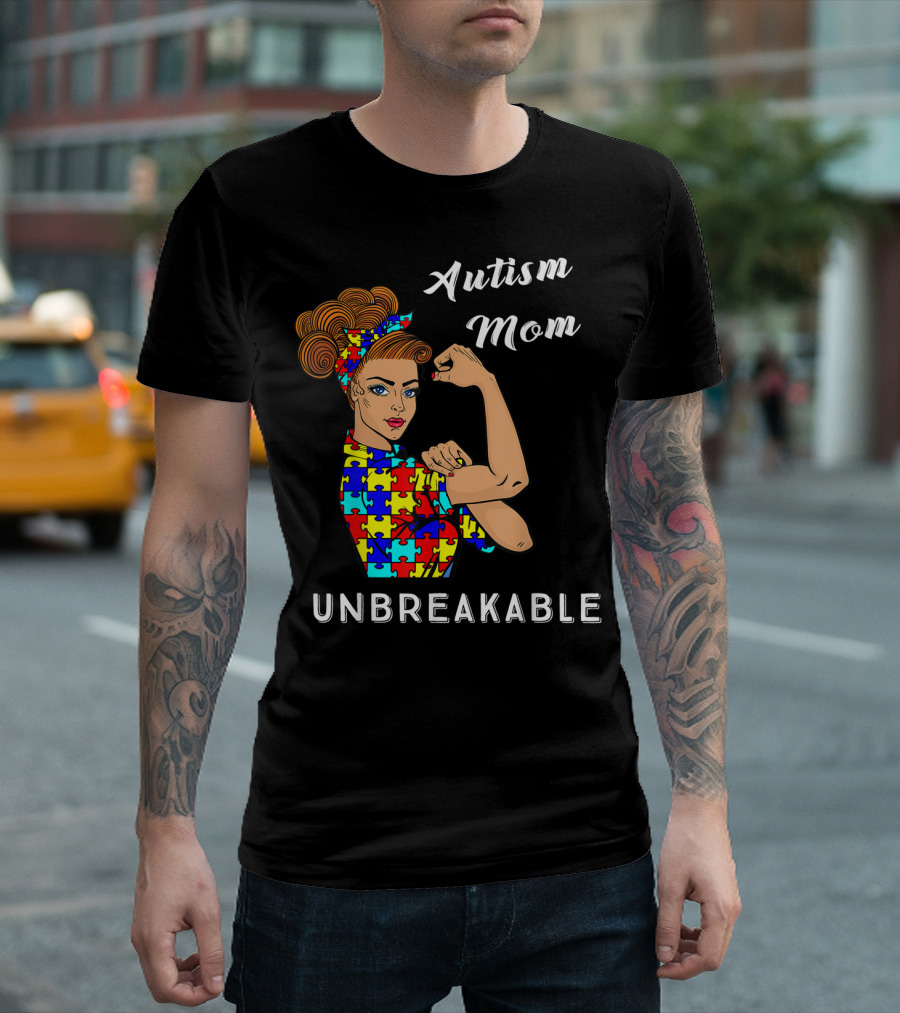 Autism Mom Unbreakable Awareness Puzzle Pattern Rosie the Riveter T-Shirt