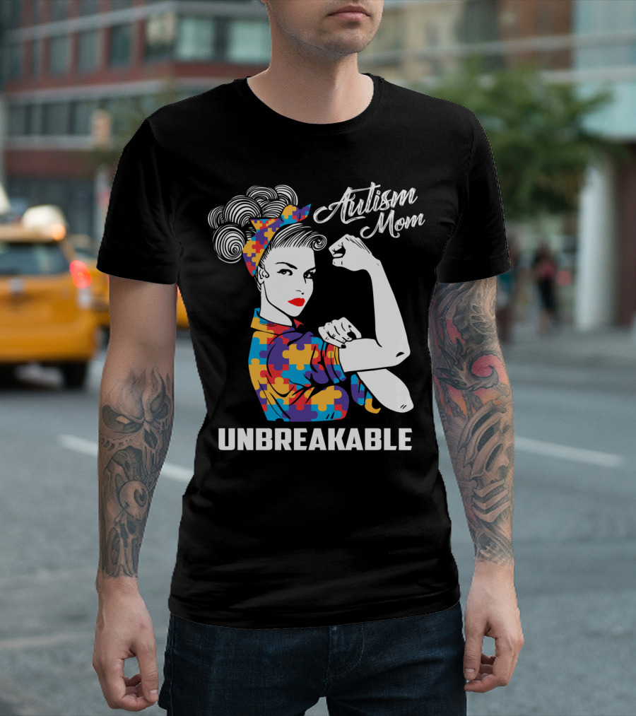 Autism Mom Unbreakable Mama Autism Puzzle Pattern Iconic Rosie Riveter T-Shirt