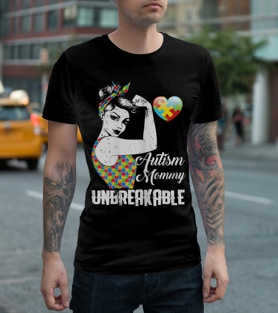 Autism Mommy Unbreakable Puzzle Heart Rosie the Riveter T-Shirt