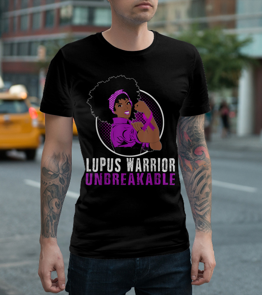 Unbreakable Lupus Warrior Black Girl with Afro and Purple T-Shirt