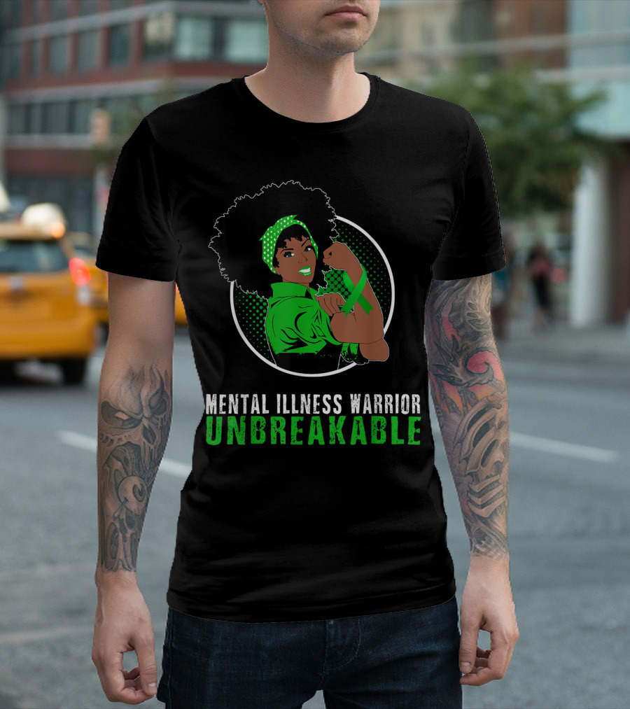 Mental Illness Warrior Unbreakable Empowerment Image with Afro and Green T-Shirt