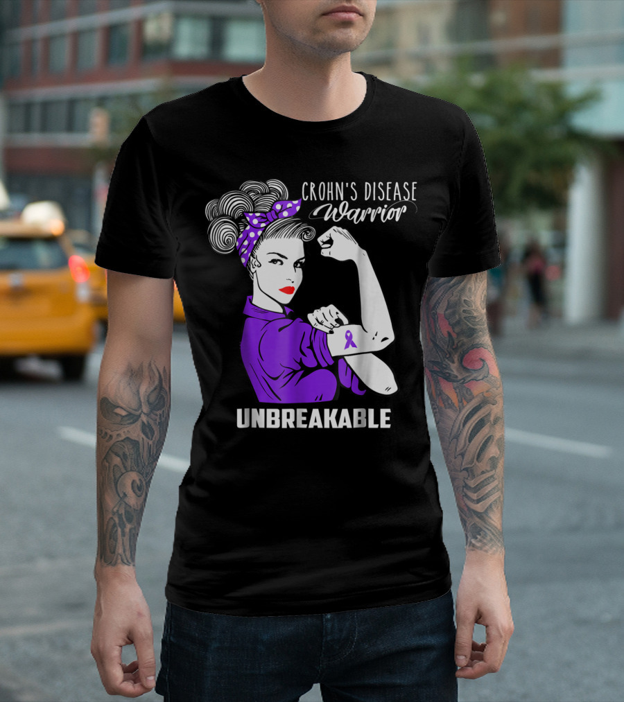 Crohn's Disease Warrior Unbreakable Awareness with Purple Ribbon Rosie the Riveter T-Shirt