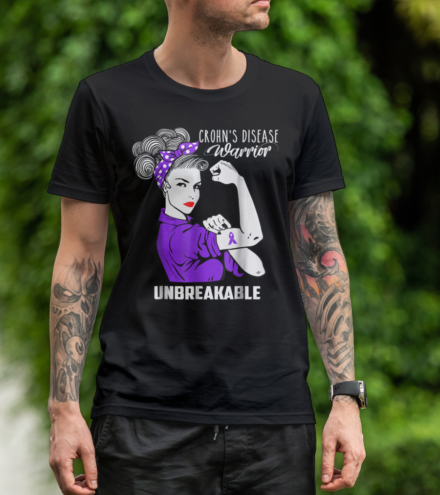Crohn's Disease Warrior Unbreakable Awareness With Purple Ribbon Rosie The Riveter T-Shirt