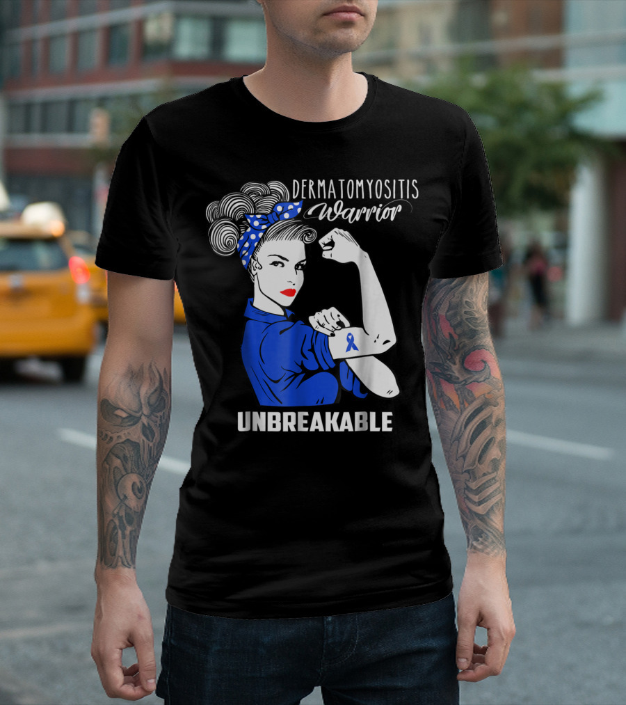 Dermatomyositis Warrior Unbreakable Awareness Flexing Rosie Icon with Blue T-Shirt