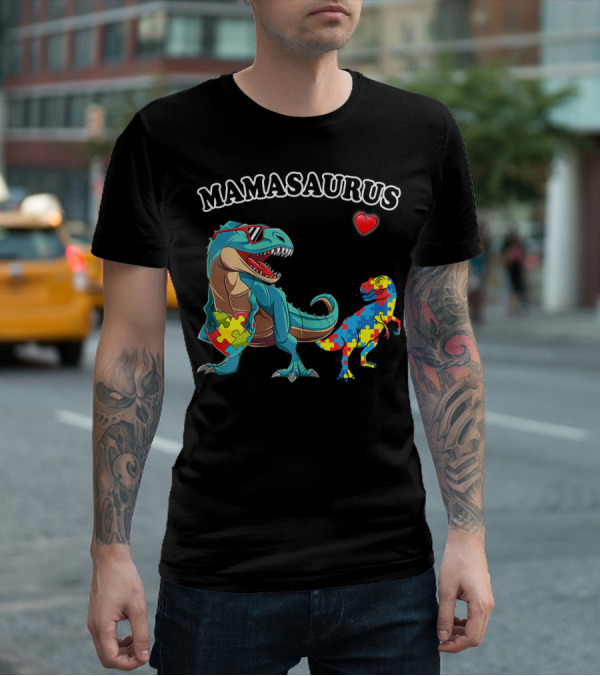 Mamasaurus Dinosaur Heart Puzzle Autism Awareness T-Shirt
