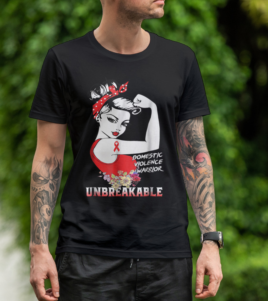 Domestic Violence Warrior Unbreakable Red Ribbon Rosie The Riveter Floral T-Shirt